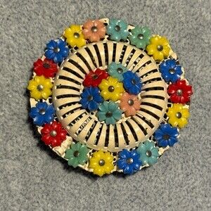 Vintage White Enamel Multicolor Lucite Flowers Basket Brooch Pin Round Domed
